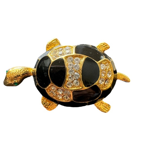 Chantelle Gold and Black Turtle Pin Faux Crystals Green Eyes Brooch‎ Tortoise - Picture 2 of 5